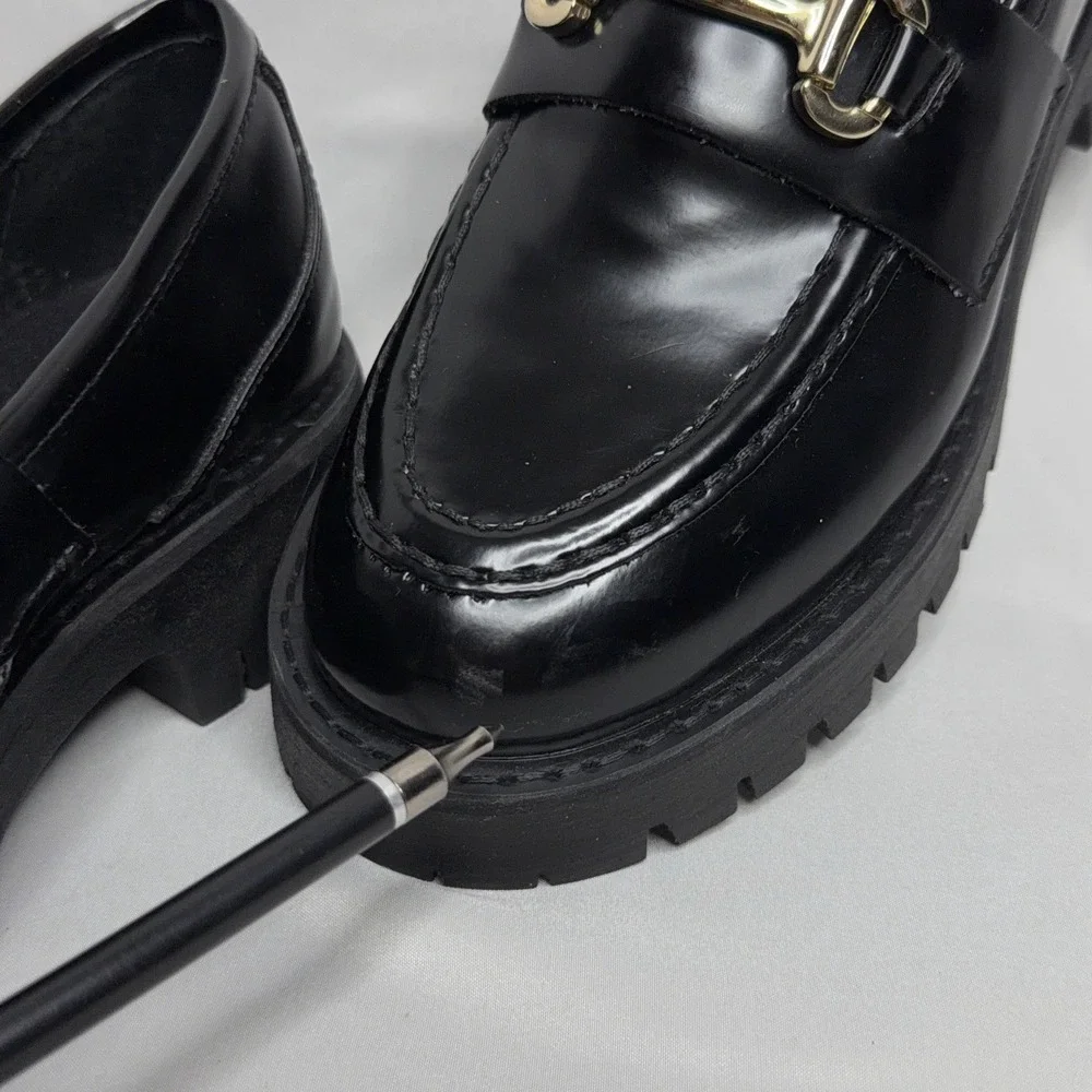 Steve Madden Lando Black Leather Chunky Loafer 8.5 Platform Lug Sole Horsebit